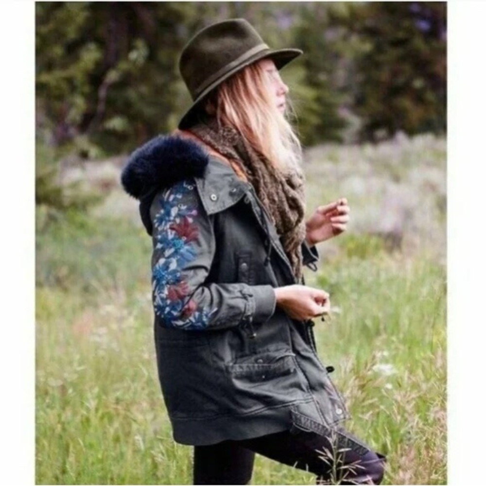 Free People follow Me Close Floral Embroidered Hooded Coat